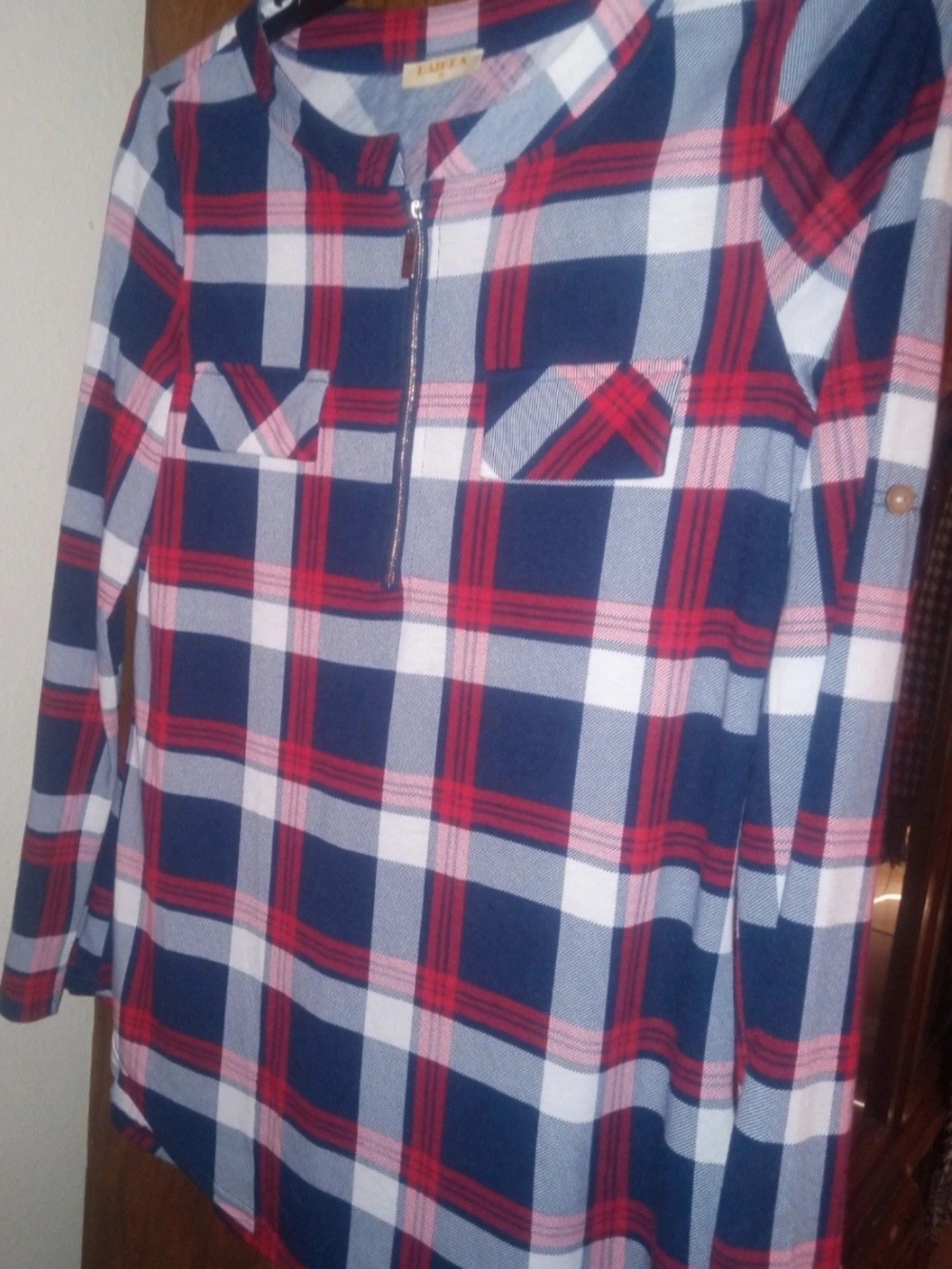 Plaid Zip-Front Top in Navy, Red & White